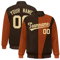 Brown Orange-Khaki Color Block Varsity Full-Snap Bomber Jacket