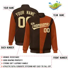 Brown Orange-Khaki Color Block Varsity Full-Snap Bomber Jacket 2