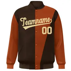 Brown Orange-Khaki Color Block Varsity Full-Snap Bomber Jacket 3