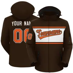 Brown Orange-White Color Block Hooded Waterproof Jacket
