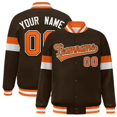 Brown Orange-White Color Block Varsity Baseball Jacket 1