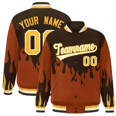 Brown Orange-White Flame Graffiti Bomber Varsity Full-Snap Jacket