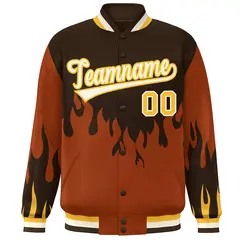 Brown Orange-White Flame Graffiti Bomber Varsity Full-Snap Jacket 3