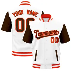 Brown Orange White Full-Snap Short Sleeve Varsity Jacket 1