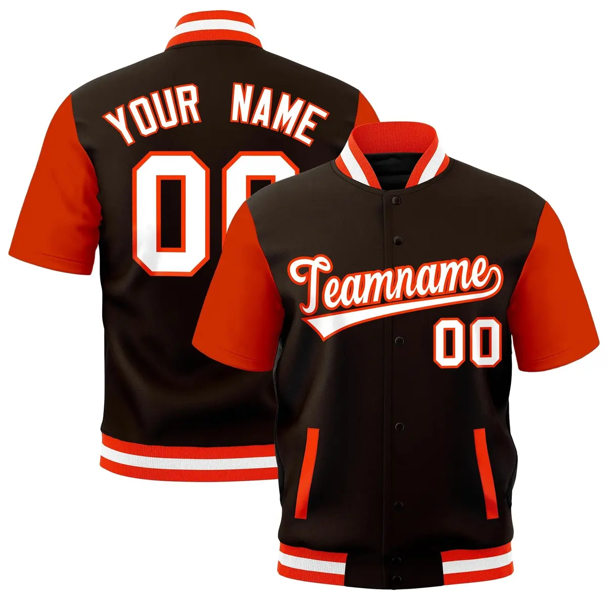 Brown Orange White Full-Snap Short Sleeve Varsity Jacket