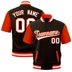 Brown Orange White Full-Snap Short Sleeve Varsity Jacket