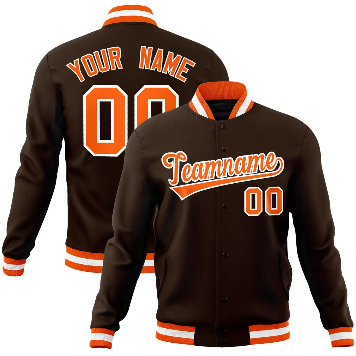 Brown Orange-White Full-Snap Varsity Letterman Jacket