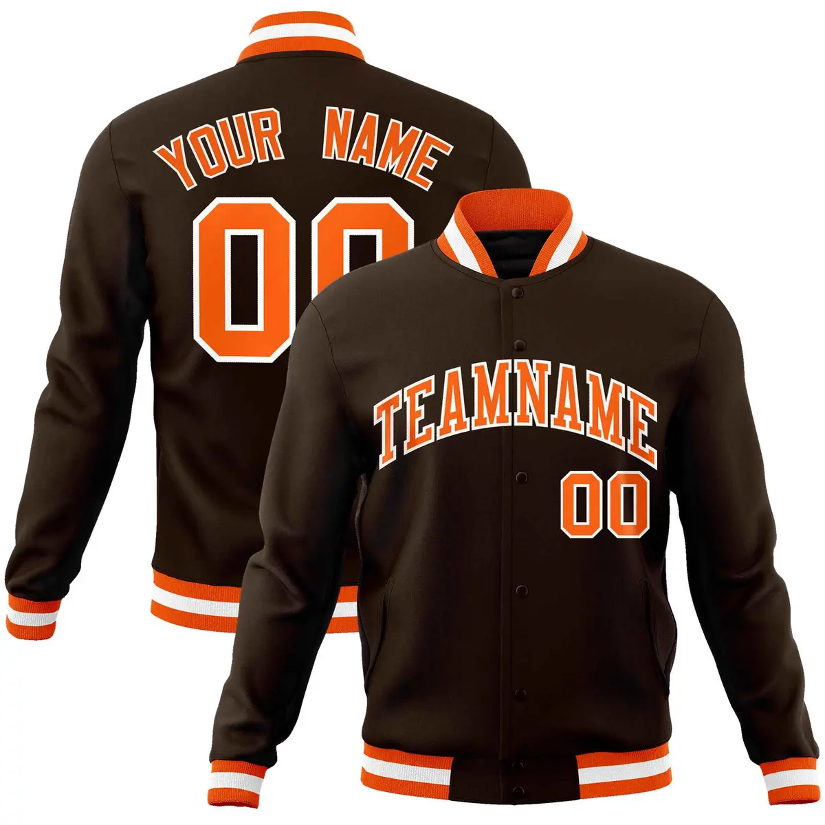 Brown Orange-White Full-Snap Varsity Letterman Jacket