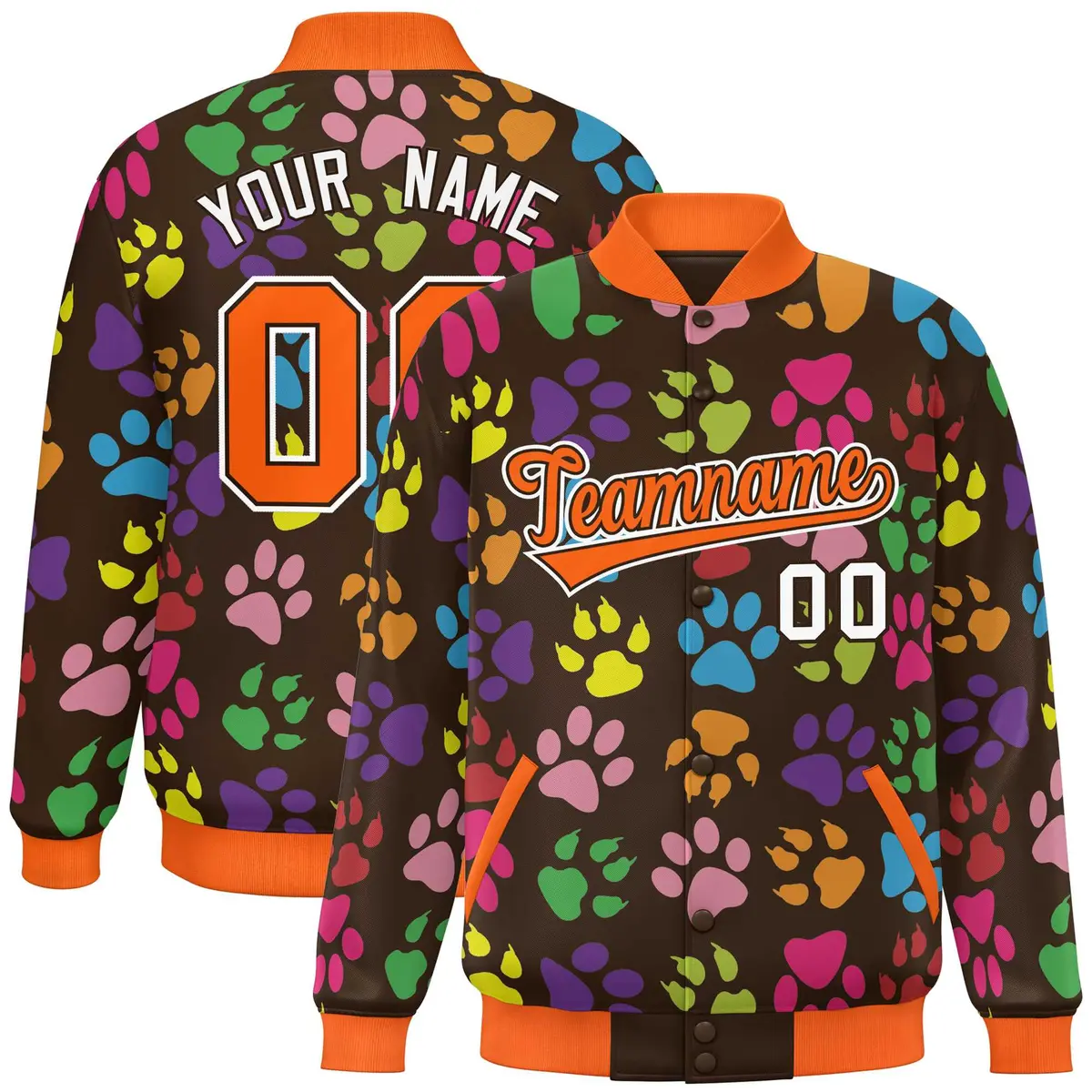 Brown Orange-White Paw Prints Graffiti Varsity Letterman Baseball Jacket