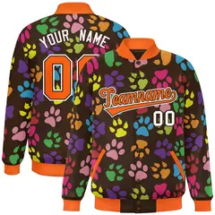 Brown Orange-White Paw Prints Graffiti Varsity Letterman Baseball Jacket 1