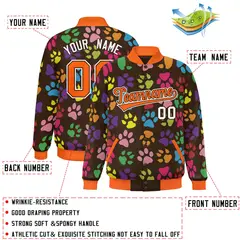 Brown Orange-White Paw Prints Graffiti Varsity Letterman Baseball Jacket 2