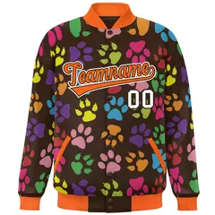Brown Orange-White Paw Prints Graffiti Varsity Letterman Baseball Jacket 3