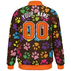 Brown Orange-White Paw Prints Graffiti Varsity Letterman Baseball Jacket 4