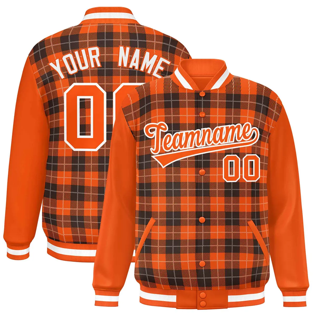 Brown Orange-White Plaid Varsity Full-Snap Letterman Baseball Jacket