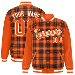 Brown Orange-White Plaid Varsity Full-Snap Letterman Baseball Jacket