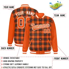 Brown Orange-White Plaid Varsity Full-Snap Letterman Baseball Jacket 2