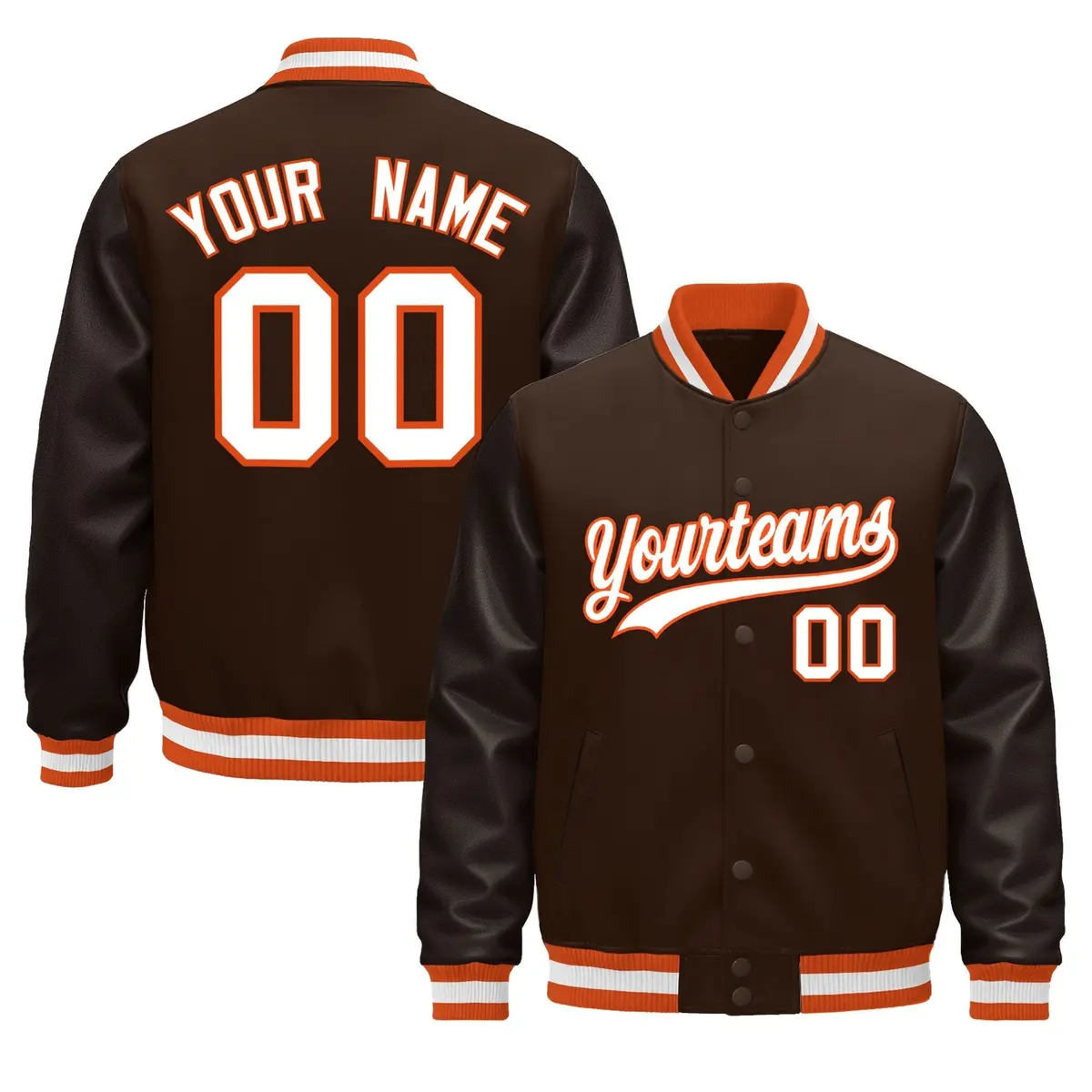 Brown Orange White Varsity Jacket with Faux Leather Sleeves