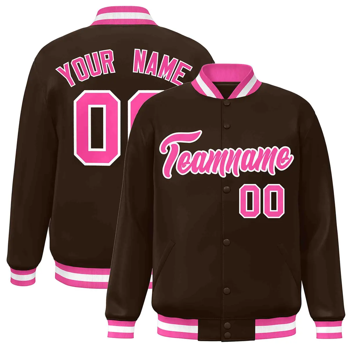 Brown Pink-White Classic Varsity Full-Snap Letterman Jacket