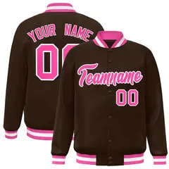 Brown Pink-White Classic Varsity Full-Snap Letterman Jacket 1
