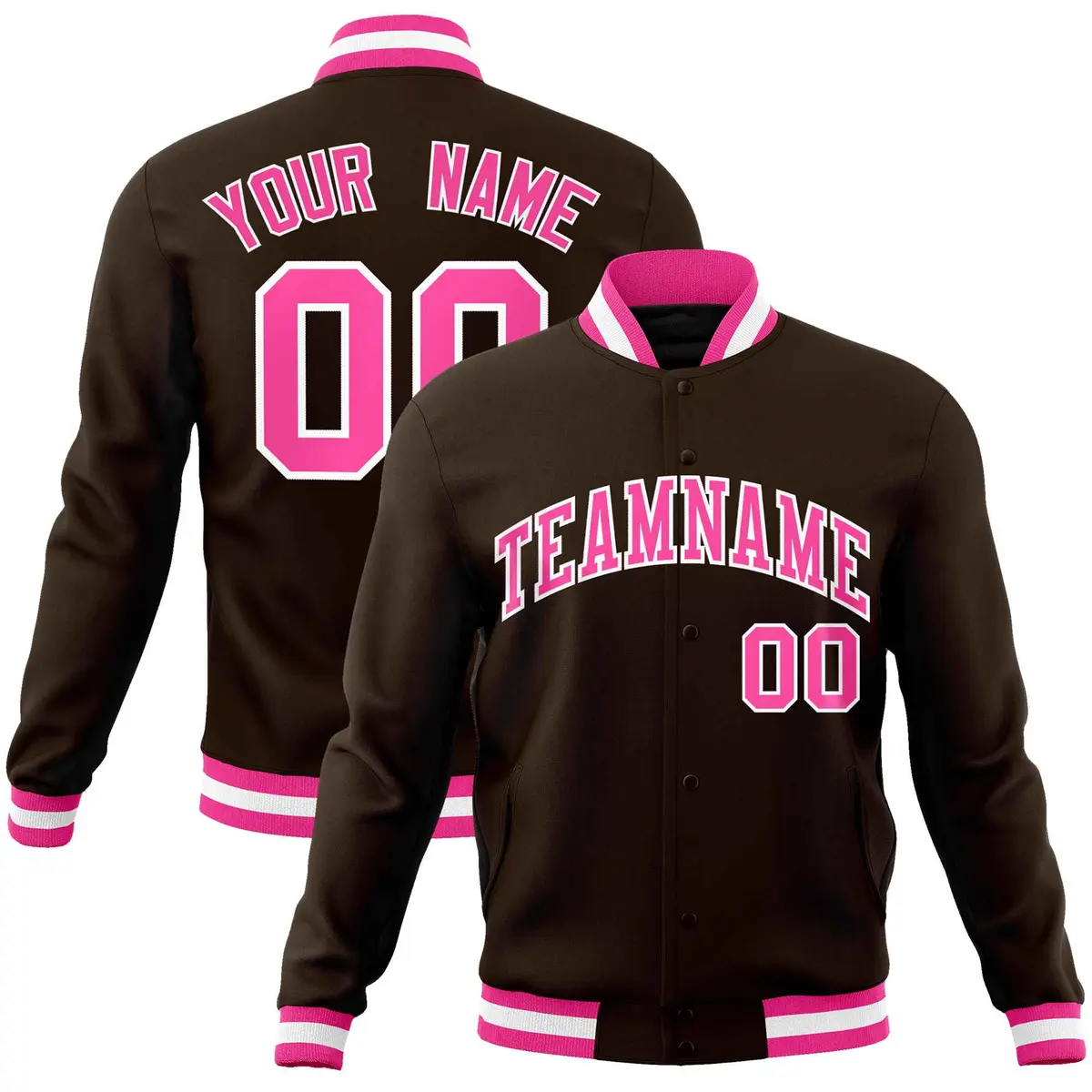 Brown Pink-White Classic Varsity Full-Snap Letterman Jacket