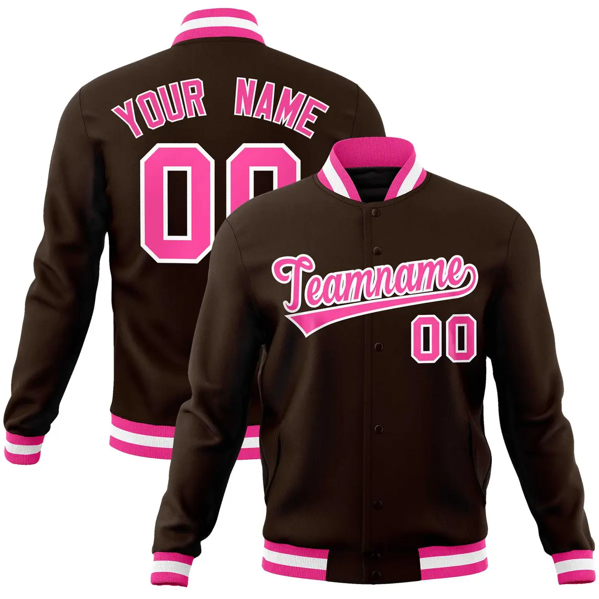 Brown Pink-White Classic Varsity Full-Snap Letterman Jacket