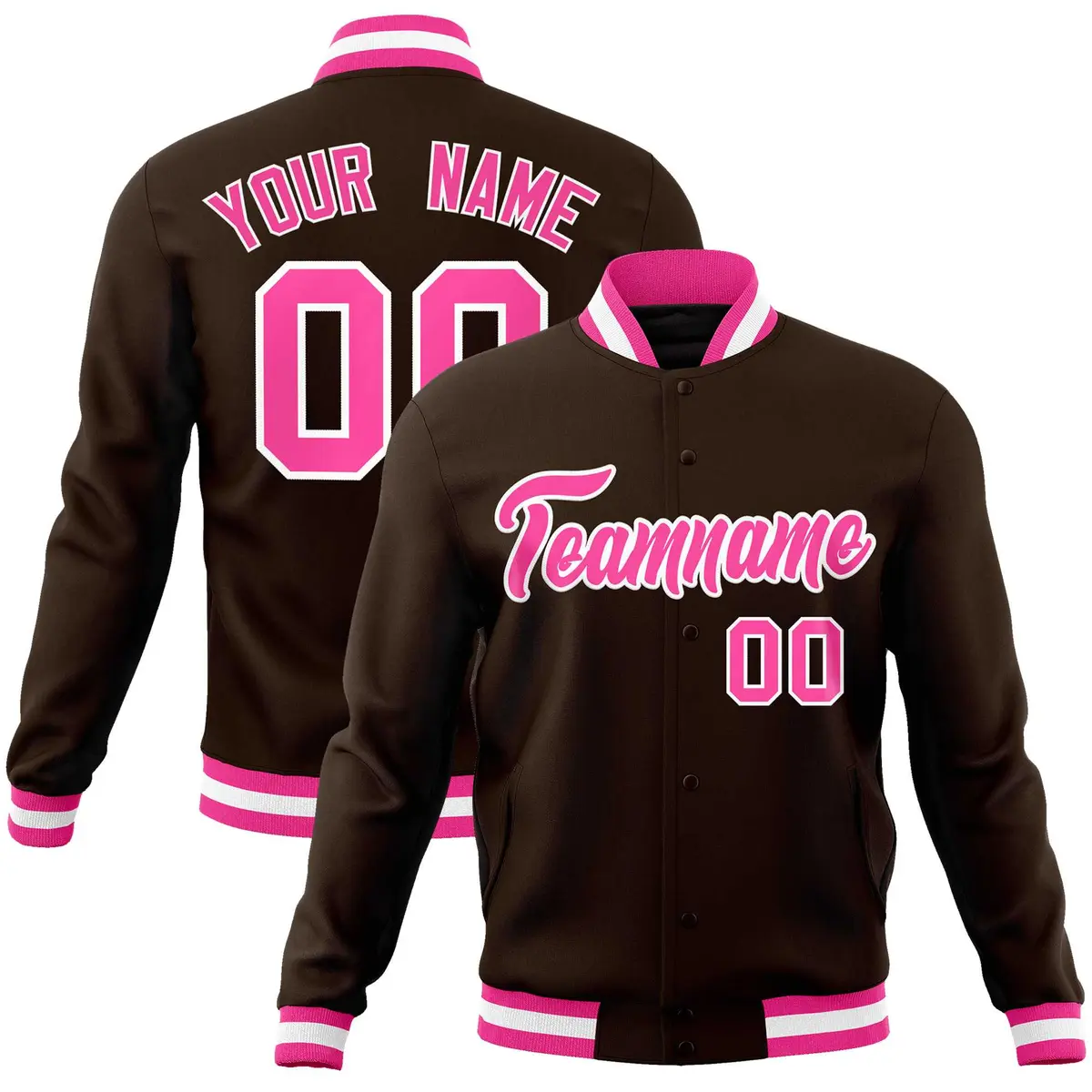Brown Pink-White Classic Varsity Full-Snap Letterman Jacket