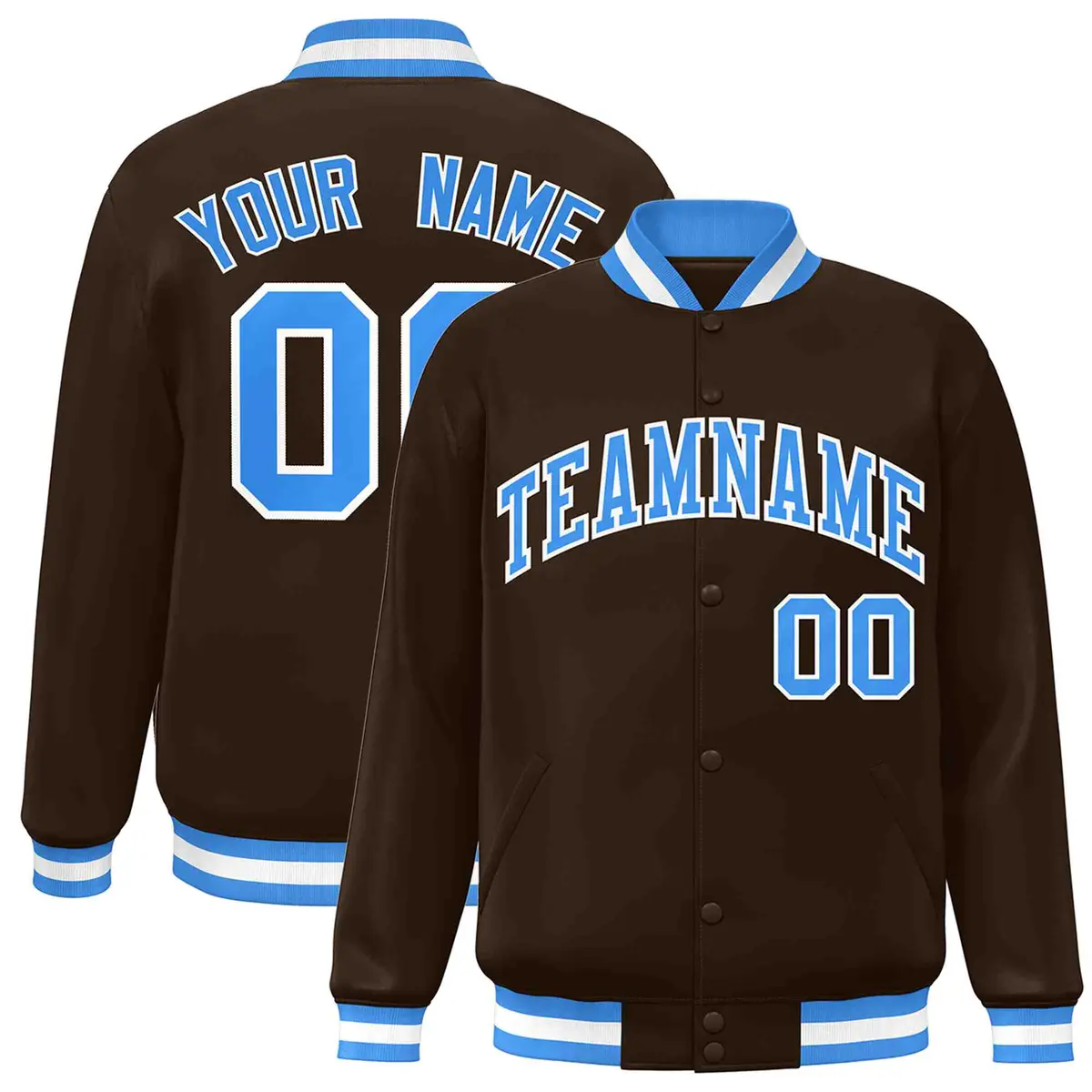 Brown Powder Blue-White Varsity Full-Snap Letterman Jacket