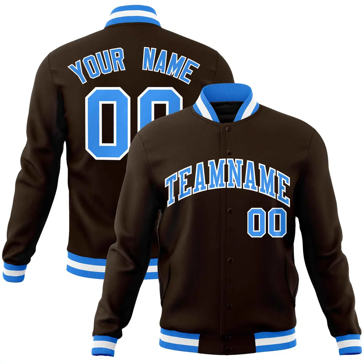 Brown Powder Blue-White Varsity Full-Snap Letterman Jacket