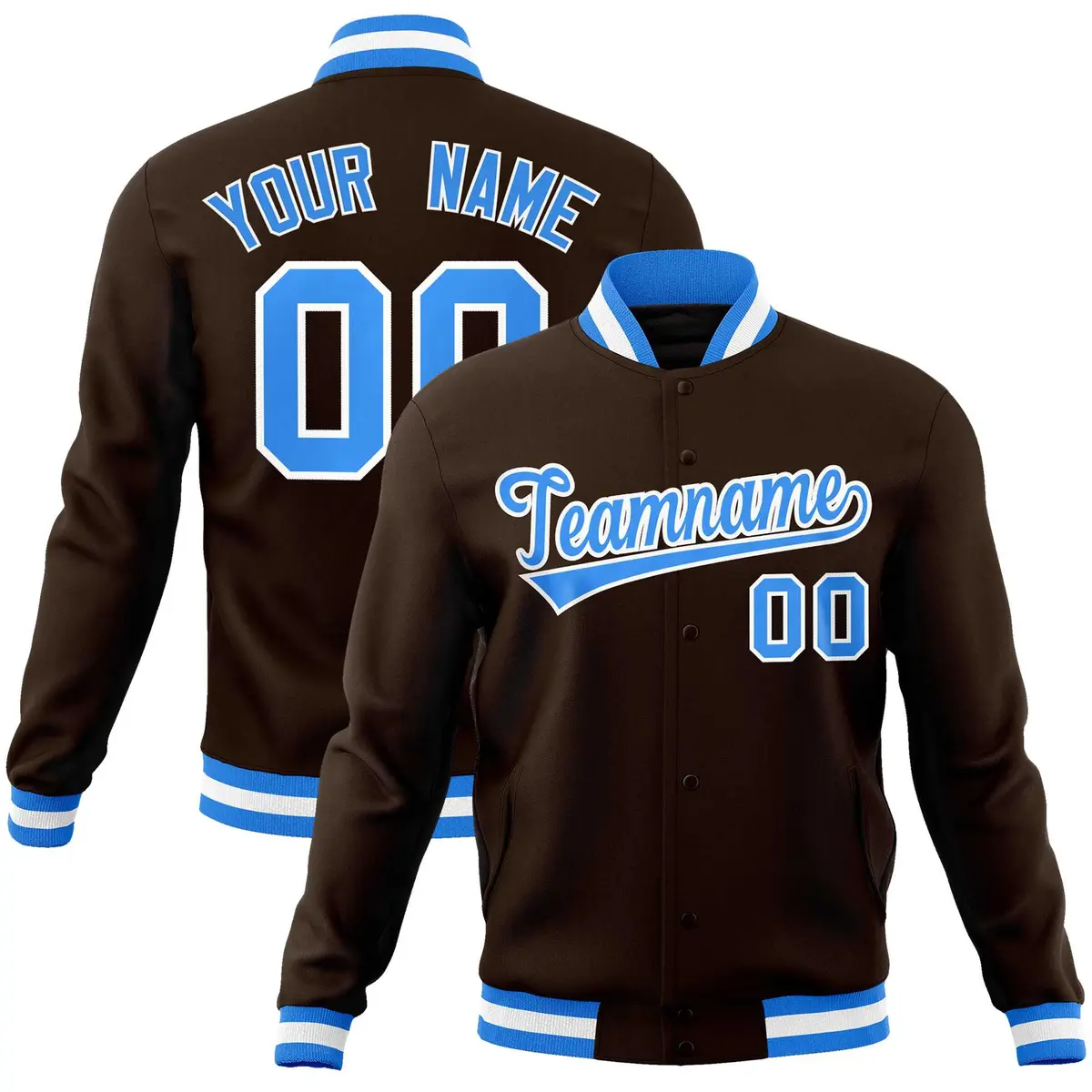 Brown Powder Blue-White Varsity Full-Snap Letterman Jacket