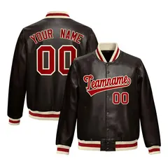 Brown Red Cream Full-Snap Faux Leather Varsity Letterman Jacket 1