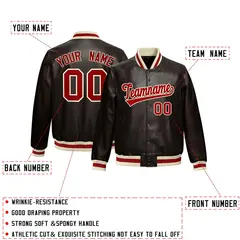 Brown Red Cream Full-Snap Faux Leather Varsity Letterman Jacket 2