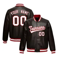Brown Red Full-Snap Faux Leather Varsity Letterman Jacket 1