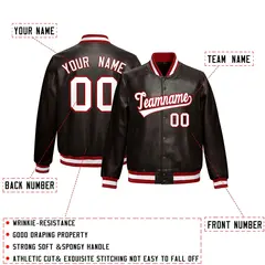Brown Red Full-Snap Faux Leather Varsity Letterman Jacket 2