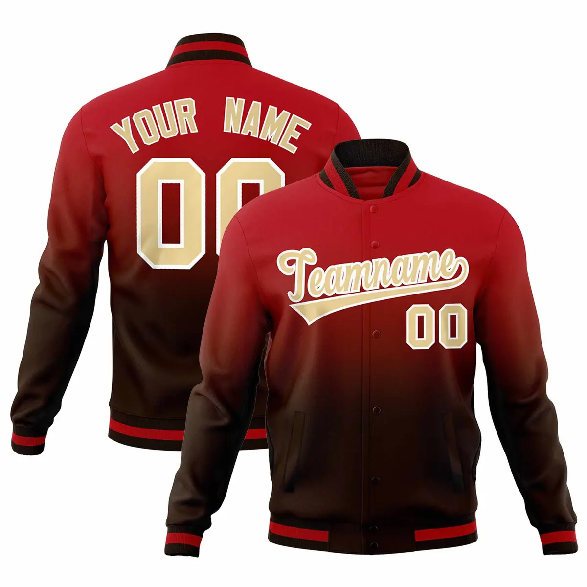 Brown Red Gradient Full-Snap Varsity Letterman Jacket