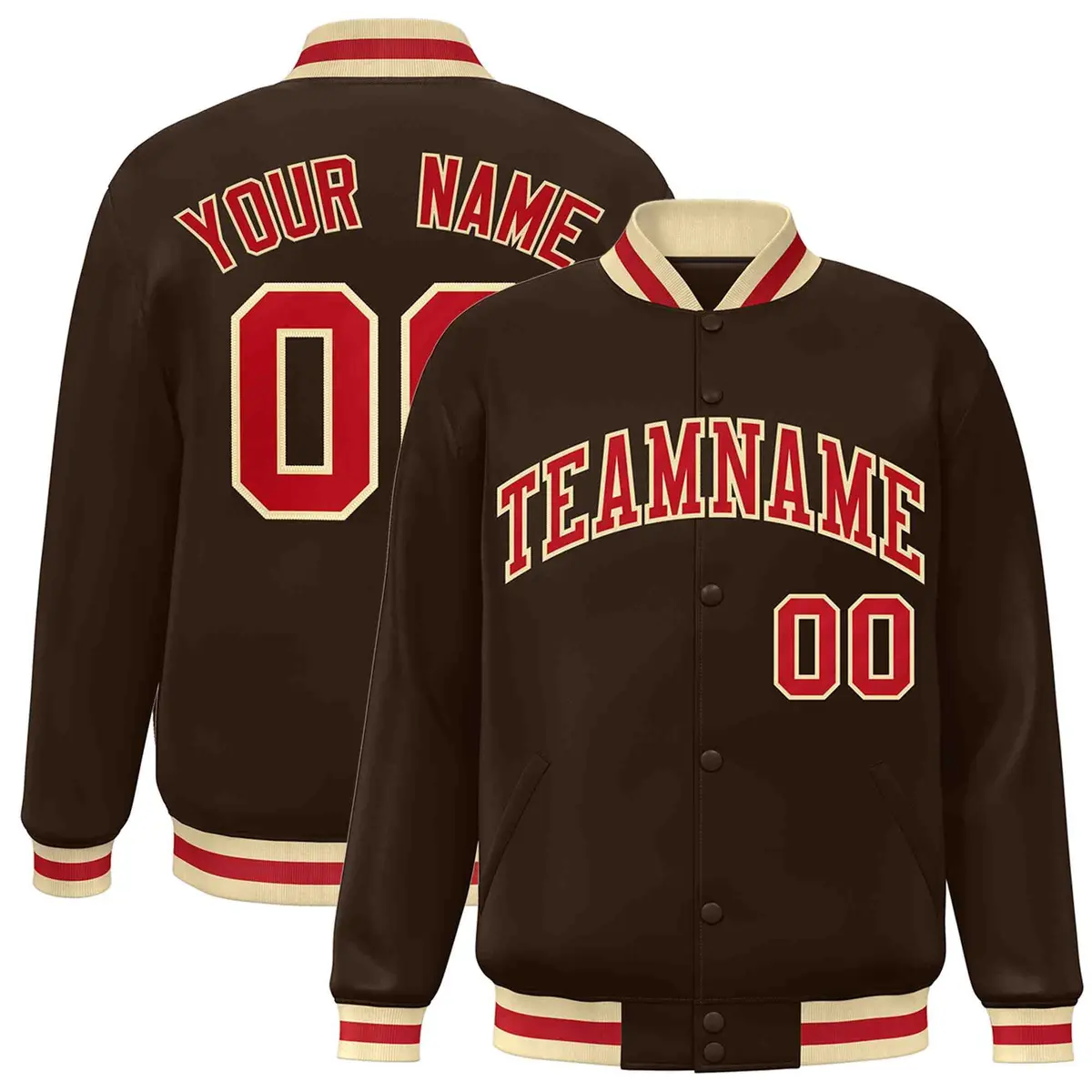 Brown Red-Khaki Classic Varsity Full-Snap Letterman Jacket