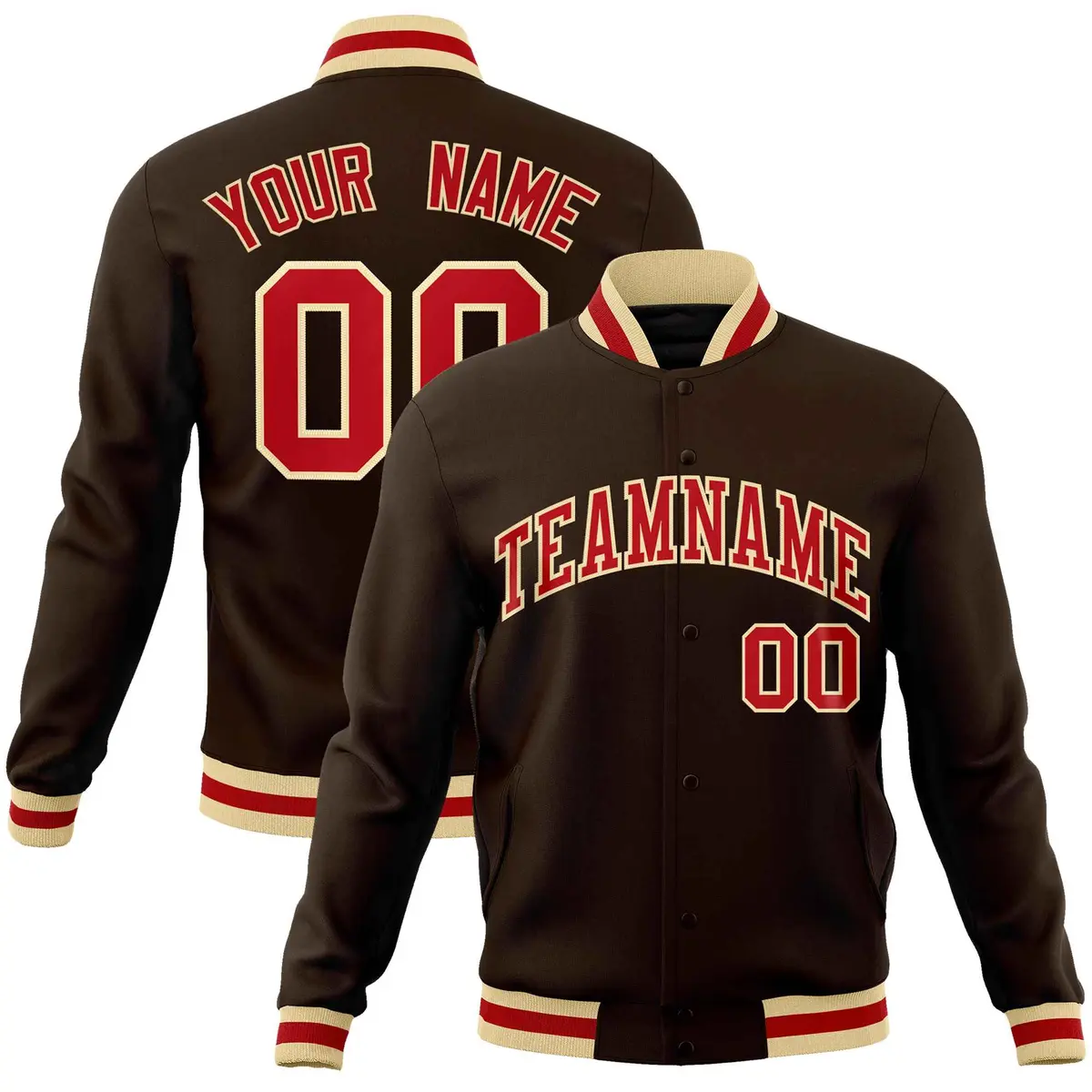 Brown Red-Khaki Classic Varsity Full-Snap Letterman Jacket