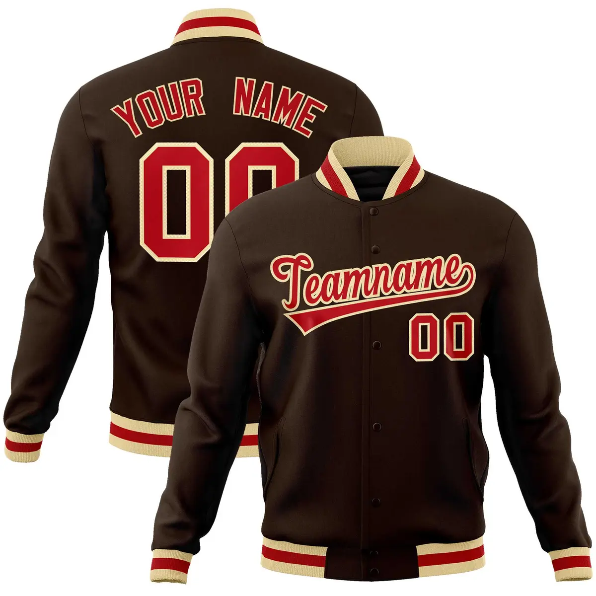 Brown Red-Khaki Classic Varsity Full-Snap Letterman Jacket