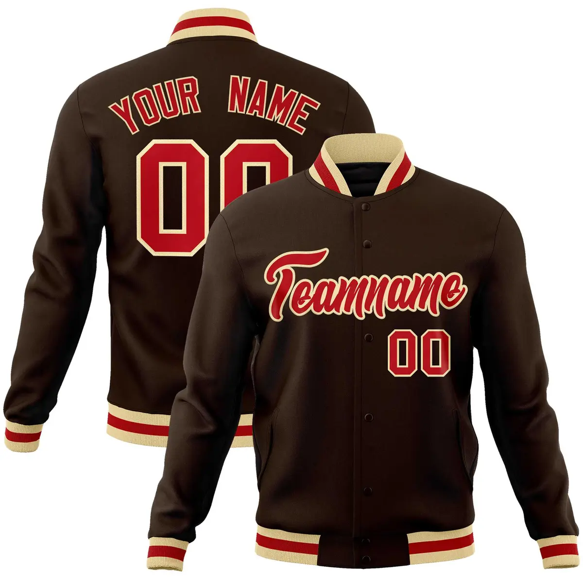 Brown Red-Khaki Classic Varsity Full-Snap Letterman Jacket