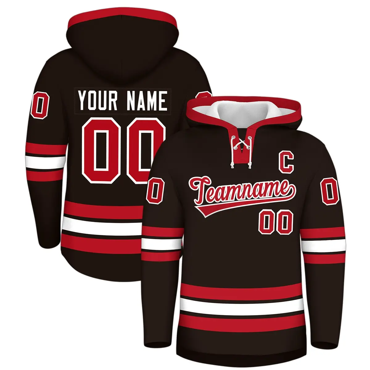 Brown Red Lace-Up Neck Hockey Hoodie Classic Style