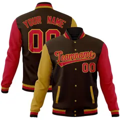 Brown Red-Old Gold Raglan Sleeves Full-Snap Letterman Jacket