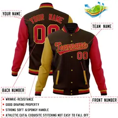 Brown Red-Old Gold Raglan Sleeves Full-Snap Letterman Jacket 4