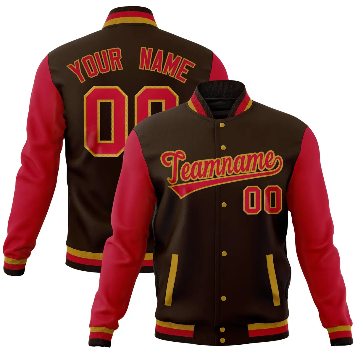 Brown Red Raglan Sleeves Full-Snap Letterman Baseball Jacket