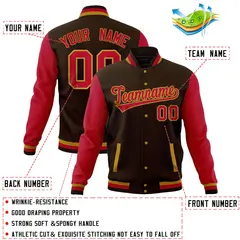 Brown Red Raglan Sleeves Full-Snap Letterman Baseball Jacket 4