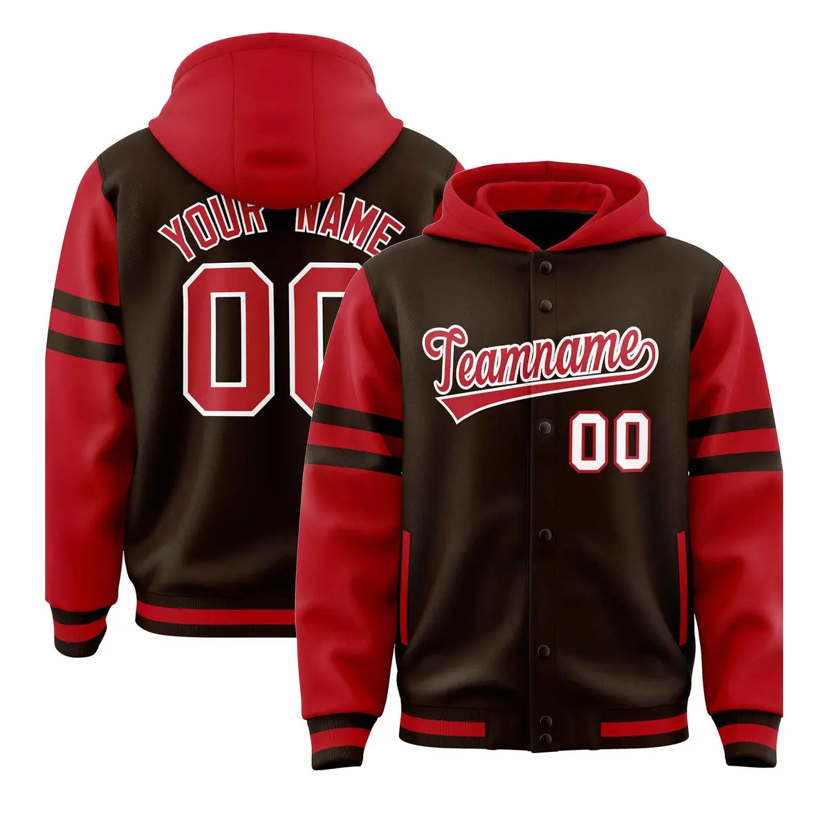 Brown Red Varsity Letterman Hoodie Jacket Raglan Three Stripes