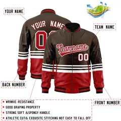 Brown Red-White Color Block Varsity Letterman Bomber Jacket 2