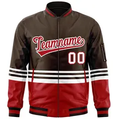 Brown Red-White Color Block Varsity Letterman Bomber Jacket 3