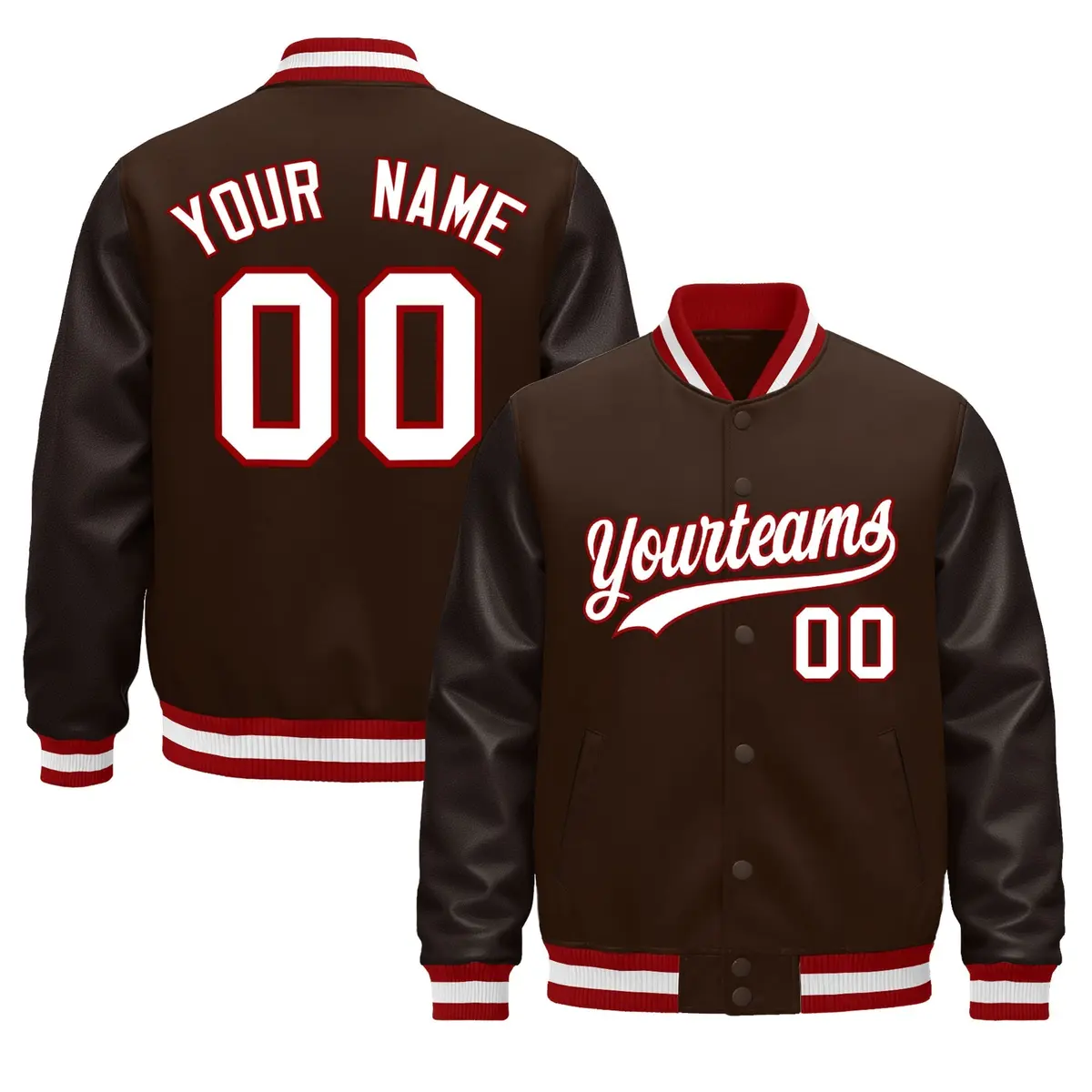 Brown Red White Varsity Jacket with Faux Leather Sleeves