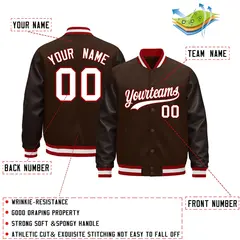Brown Red White Varsity Jacket with Faux Leather Sleeves 2