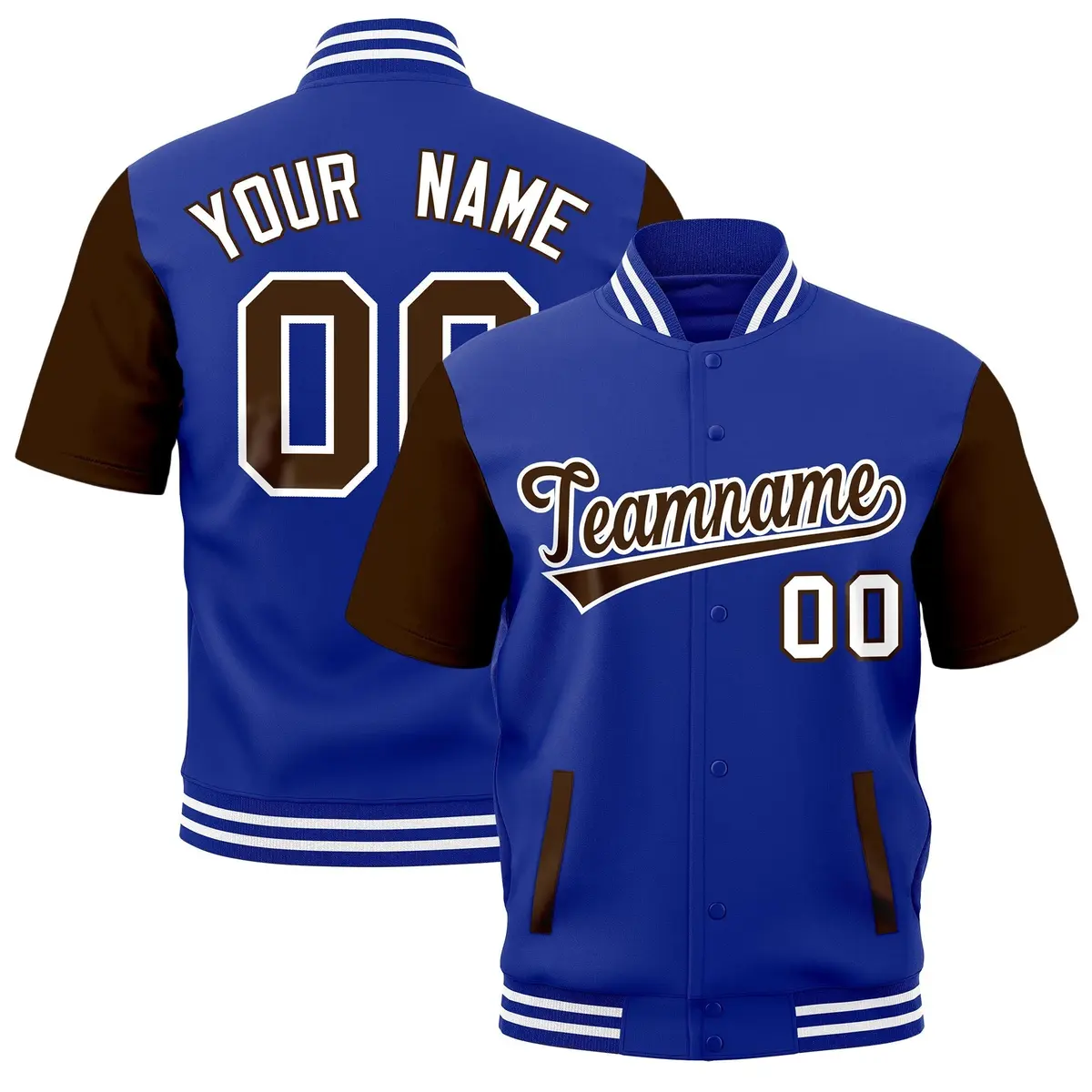 Brown Royal Blue White Short Sleeve Full-Snap Varsity Jacket
