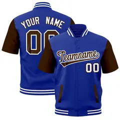 Brown Royal Blue White Short Sleeve Full-Snap Varsity Jacket
